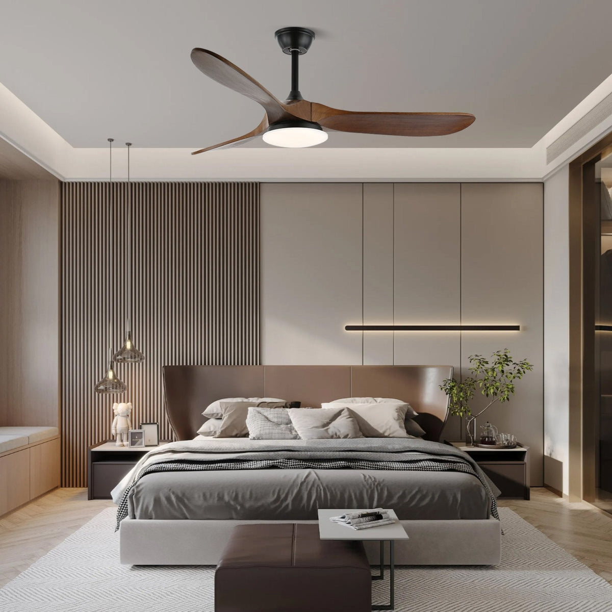 42/52-Inch Wood Blade LED Ceiling Fan Light / ∅ 42″ x H 9.8″ / Model C Nature Wood Grain & White / Three-Color Changing Light