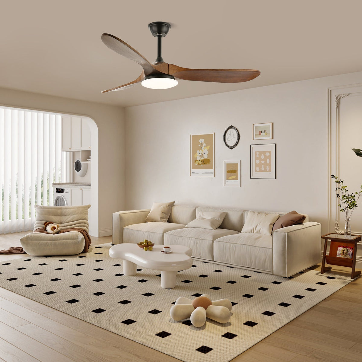 42/52-Inch Wood Blade LED Ceiling Fan Light / ∅ 42″ x H 9.8″ / Model D ABS blades & White / Three-Color Changing Light