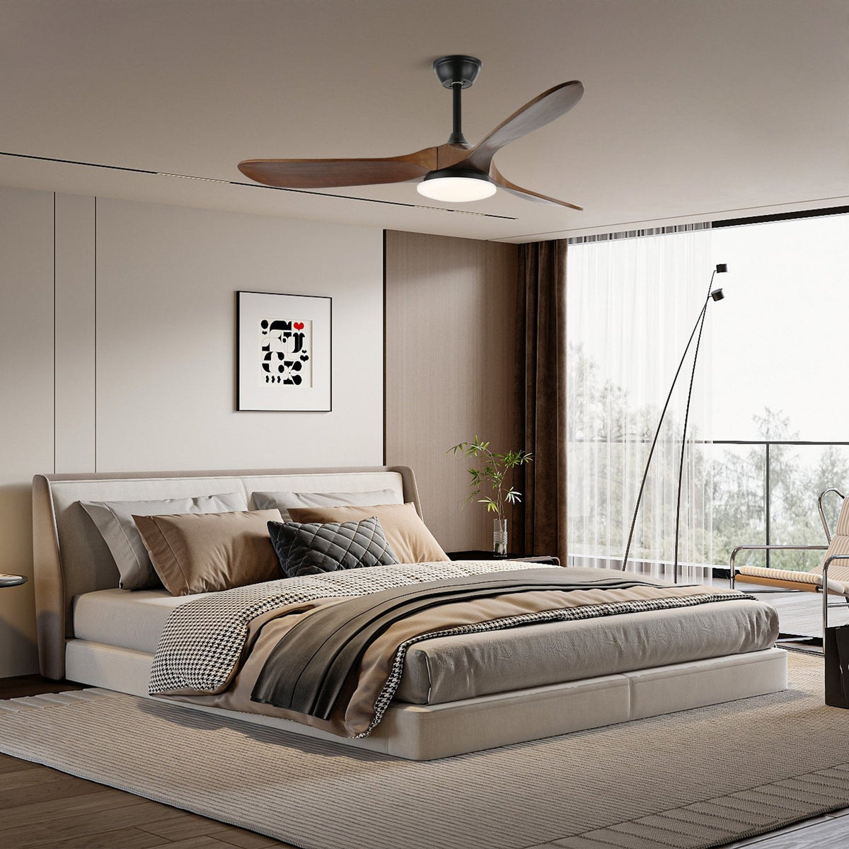 42/52-Inch Wood Blade LED Ceiling Fan Light / ∅ 52″ X H 9.8″ / Model A Walnut Wood Grain & Black / Three-Color Changing Light