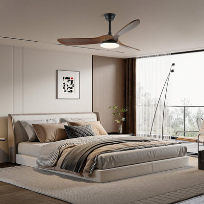 42/52-Inch Wood Blade LED Ceiling Fan Light / ∅ 52″ X H 9.8″ / Model A Walnut Wood Grain & Black / Three-Color Changing Light