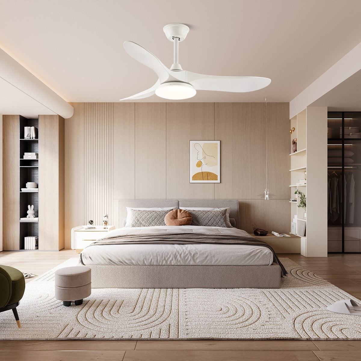42/52-Inch Wood Blade LED Ceiling Fan Light / ∅ 52″ X H 9.8″ / Model C Nature Wood Grain & White / Three-Color Changing Light