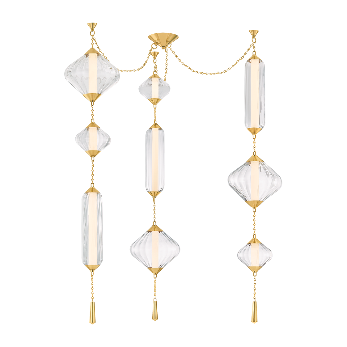 9-Light Ribbed Glass Brass Chandelier / Default Title