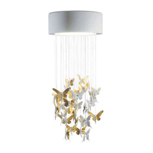 Cascading Porcelain Leaf Fiber Optic Chandelier / Golden Luster