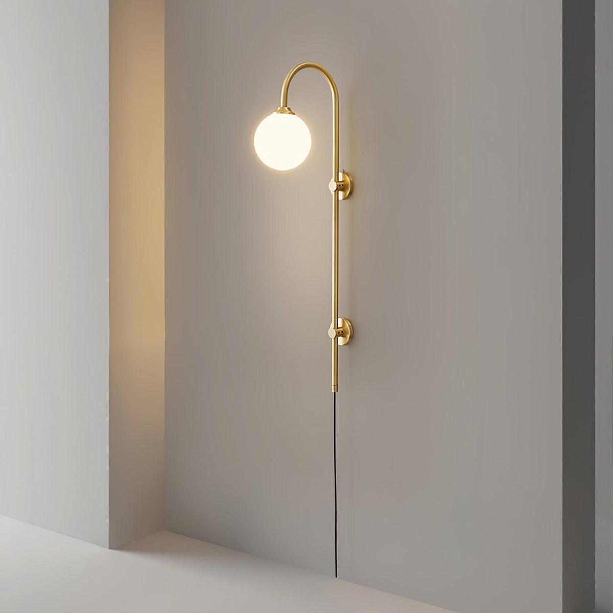 Long Brass Globe Plug-In Wall Light / ∅ 4.7″ x H 23.6″ / Dia 12cm x H 60cm / Gold & White / UK Plug