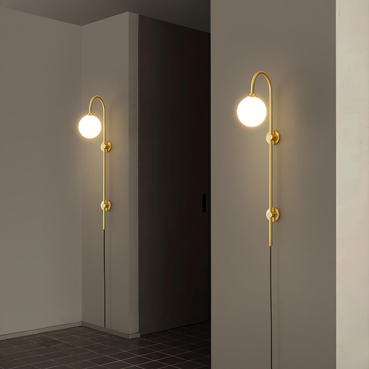 Long Brass Globe Plug-In Wall Light / ∅ 4.7″ x H 23.6″ / Dia 12cm x H 60cm / Gold & White / AU Plug