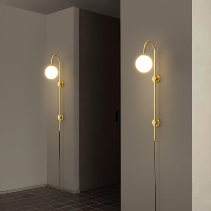 Long Brass Globe Plug-In Wall Light / ∅ 4.7″ x H 23.6″ / Dia 12cm x H 60cm / Gold & White / AU Plug
