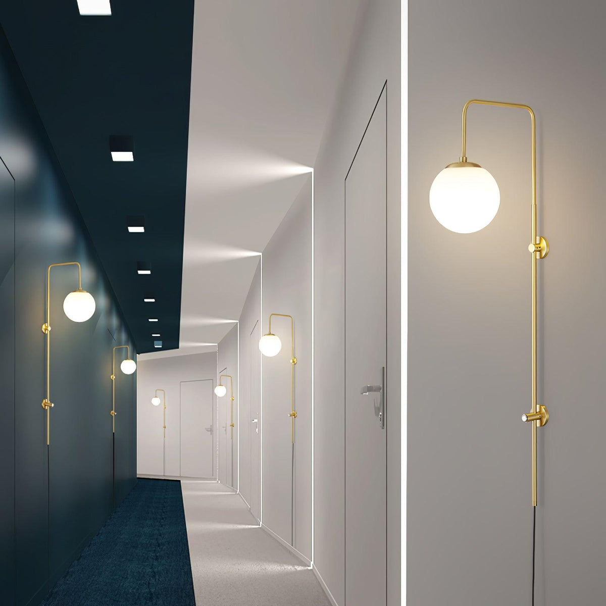 Long Brass Globe Plug-In Wall Light / ∅ 5.9″ x H 35.4″ / Dia 15cm x H 90cm / Gold & White / US Plug