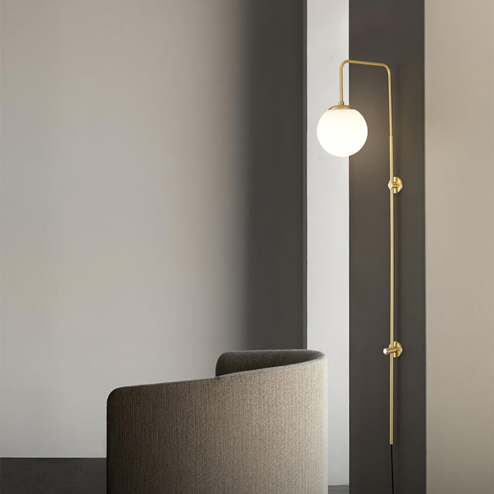 Long Brass Globe Plug-In Wall Light / ∅ 5.9″ x H 35.4″ / Dia 15cm x H 90cm / Gold & White / UK Plug