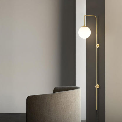 Long Brass Globe Plug-In Wall Light / ∅ 5.9″ x H 35.4″ / Dia 15cm x H 90cm / Gold & White / UK Plug