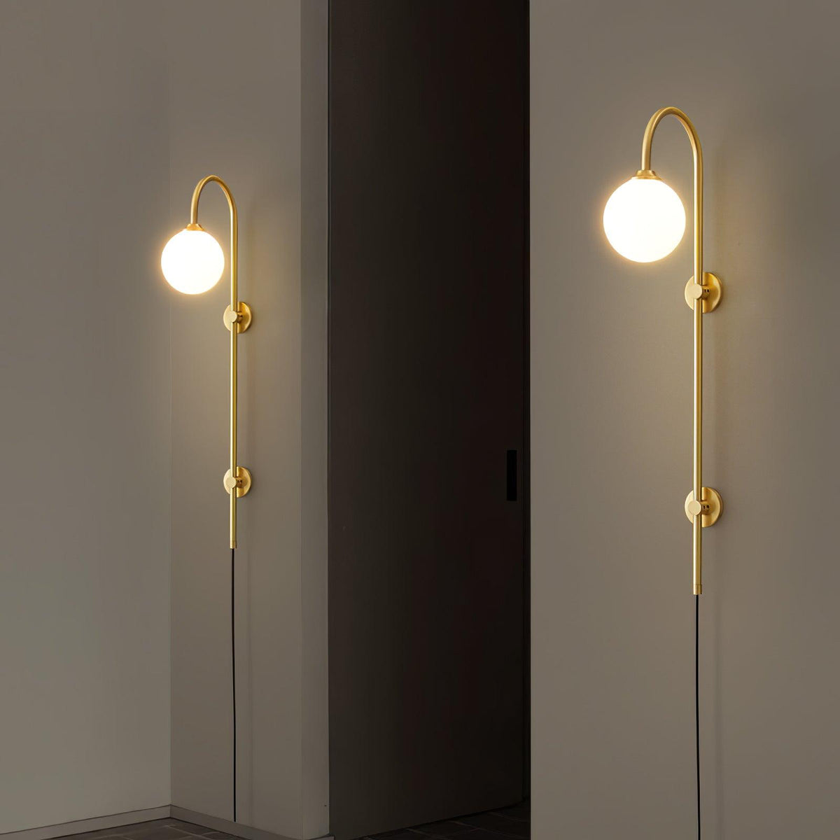 Long Brass Globe Plug-In Wall Light / ∅ 5.9″ x H 35.4″ / Dia 15cm x H 90cm / Gold & White / AU Plug