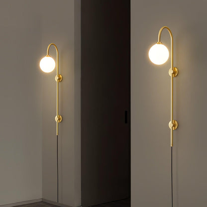 Long Brass Globe Plug-In Wall Light / ∅ 5.9″ x H 35.4″ / Dia 15cm x H 90cm / Gold & White / AU Plug
