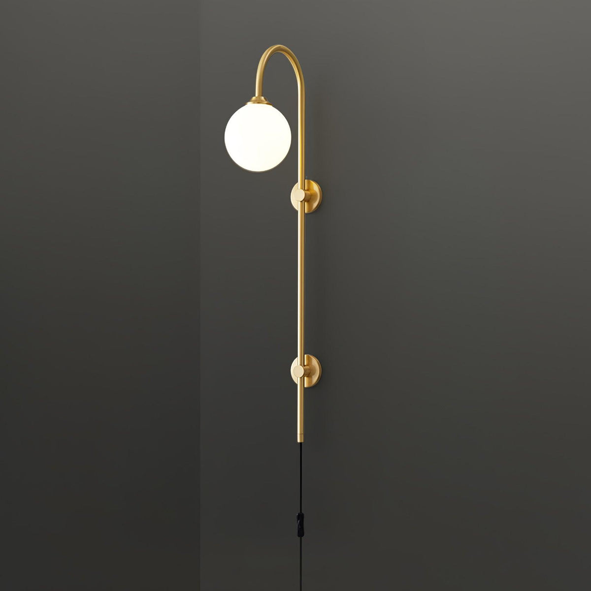 Long Brass Globe Plug-In Wall Light / ∅ 5.9″ x H 47.2″ / Dia 15cm x H 120cm / Gold & White / UK Plug