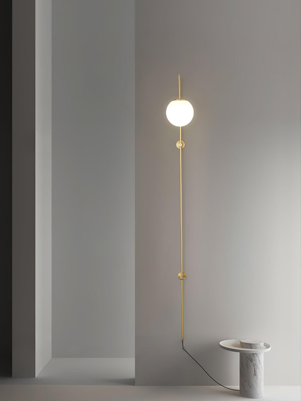 Long Brass Globe Plug-In Wall Light / ∅ 5.9″ x H 47.2″ / Dia 15cm x H 120cm / Gold & White / AU Plug