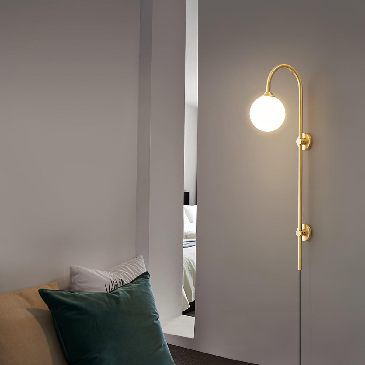 Long Brass Globe Plug-In Wall Light / ∅ 5.9″ x H 63.9″ / Dia 15cm x H 160cm / Gold & White / UK Plug