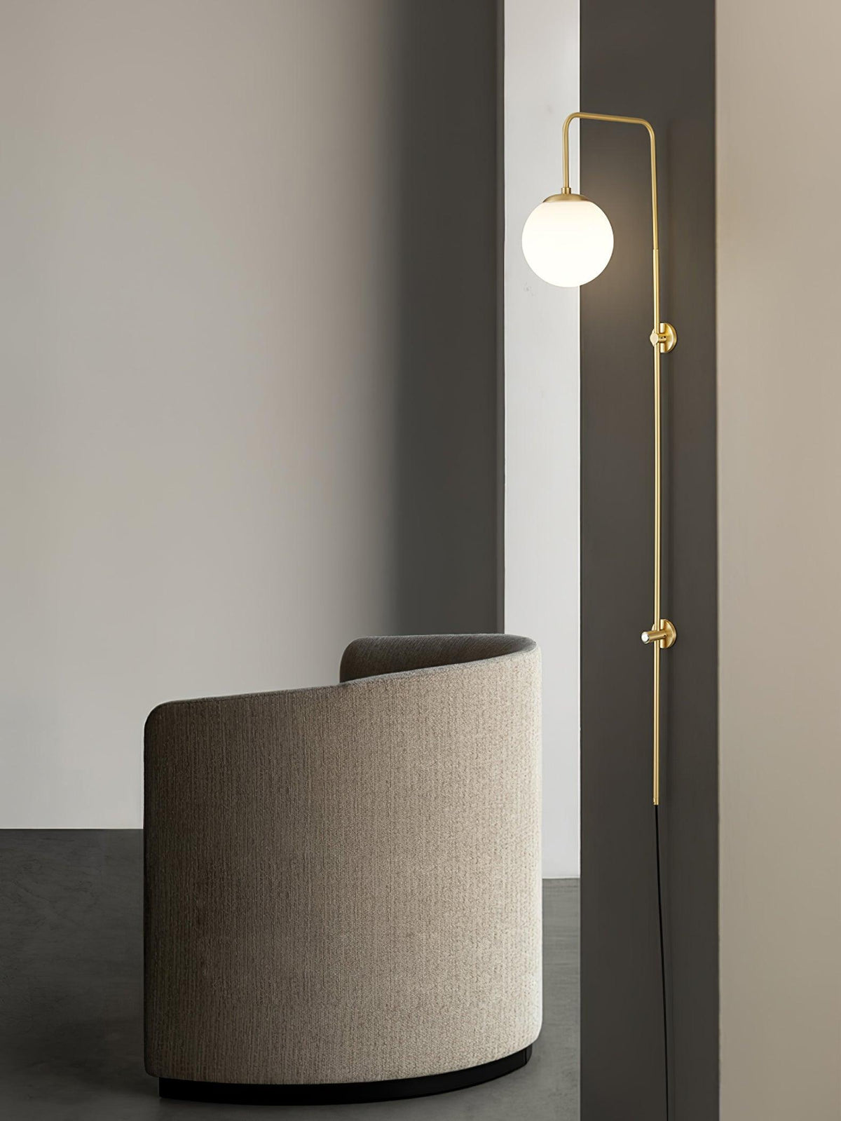 Long Brass Globe Plug-In Wall Light / ∅ 5.9″ x H 63.9″ / Dia 15cm x H 160cm / Gold & White / AU Plug