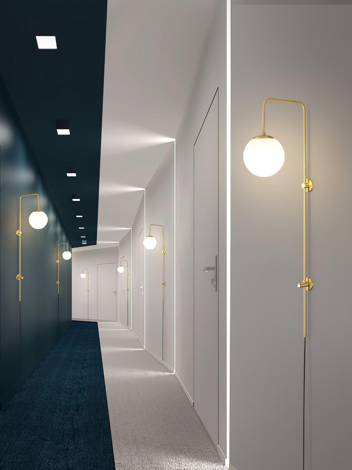 Long Brass Globe Plug-In Wall Light / ∅ 4.7″ x H 23.6″ Set of 2 / Gold & White / UK Plug