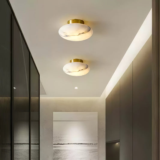 Oval Alabaster Brass LED Ceiling Light / ∅ 7.9″ x H 3.9″ / Black & White / Warm Light