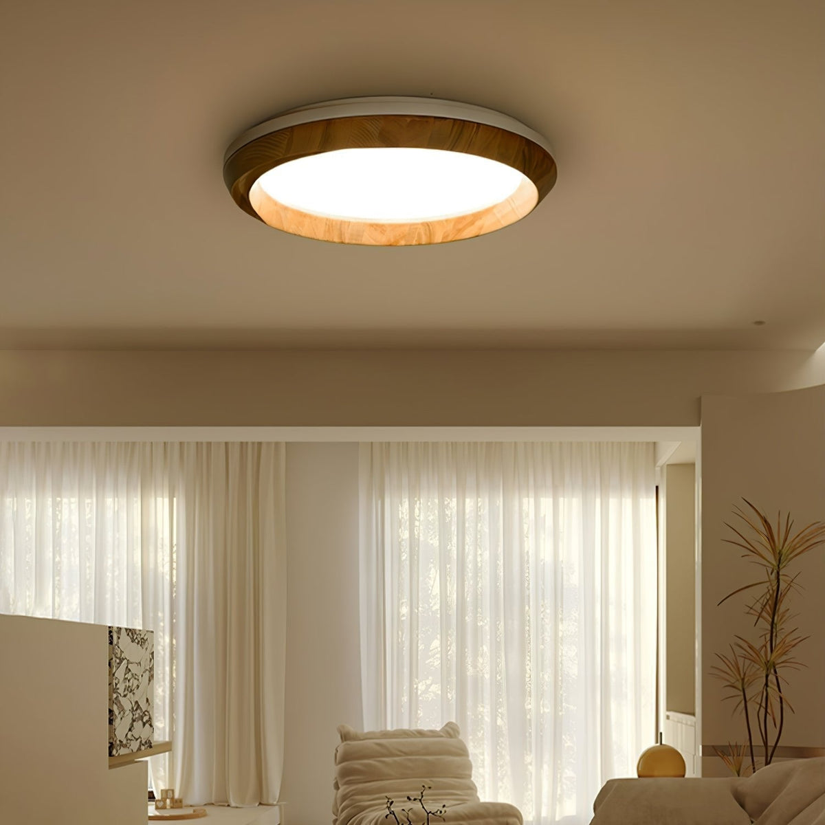 Ripple Wood LED Ceiling Light / ∅ 17.7" x H 5.1" / Black & Wood color / Warm Light