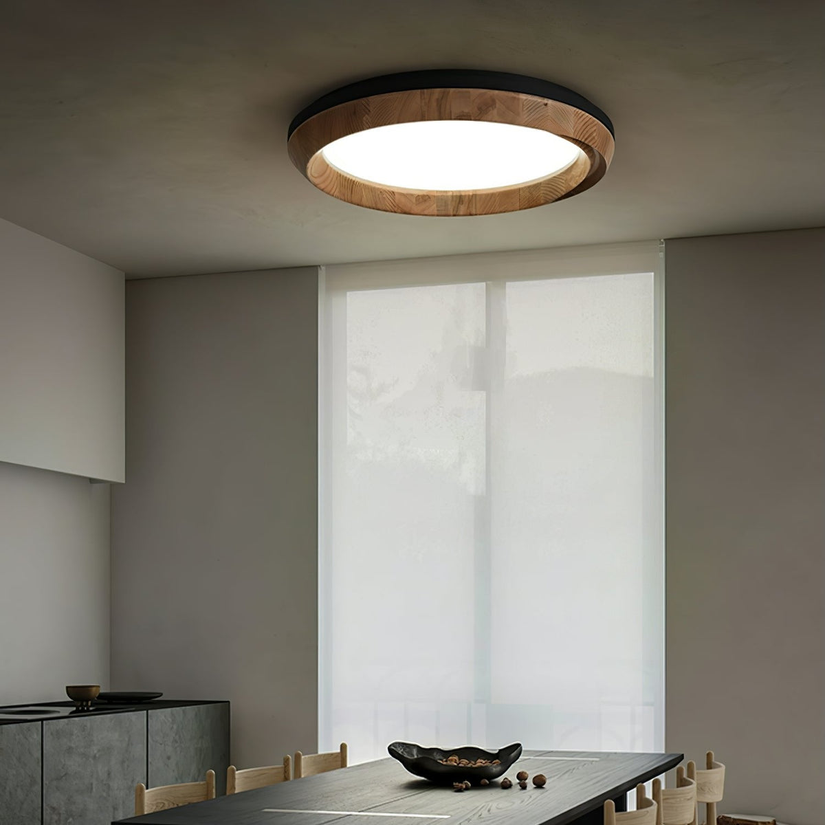 Ripple Wood LED Ceiling Light / ∅ 17.7" x H 5.1" / Gold & Walnut Color / Warm Light