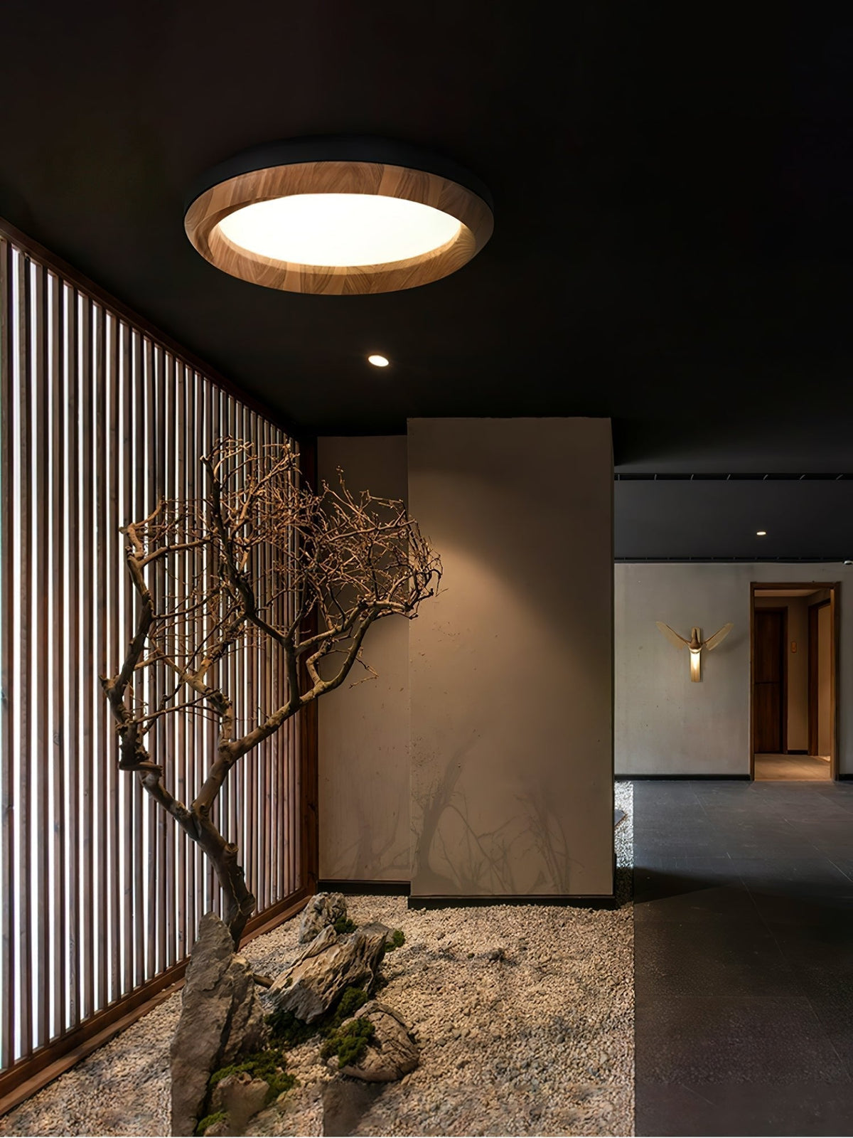 Ripple Wood LED Ceiling Light / ∅ 23.6" x H 5.1" / White & Wood color / Warm Light