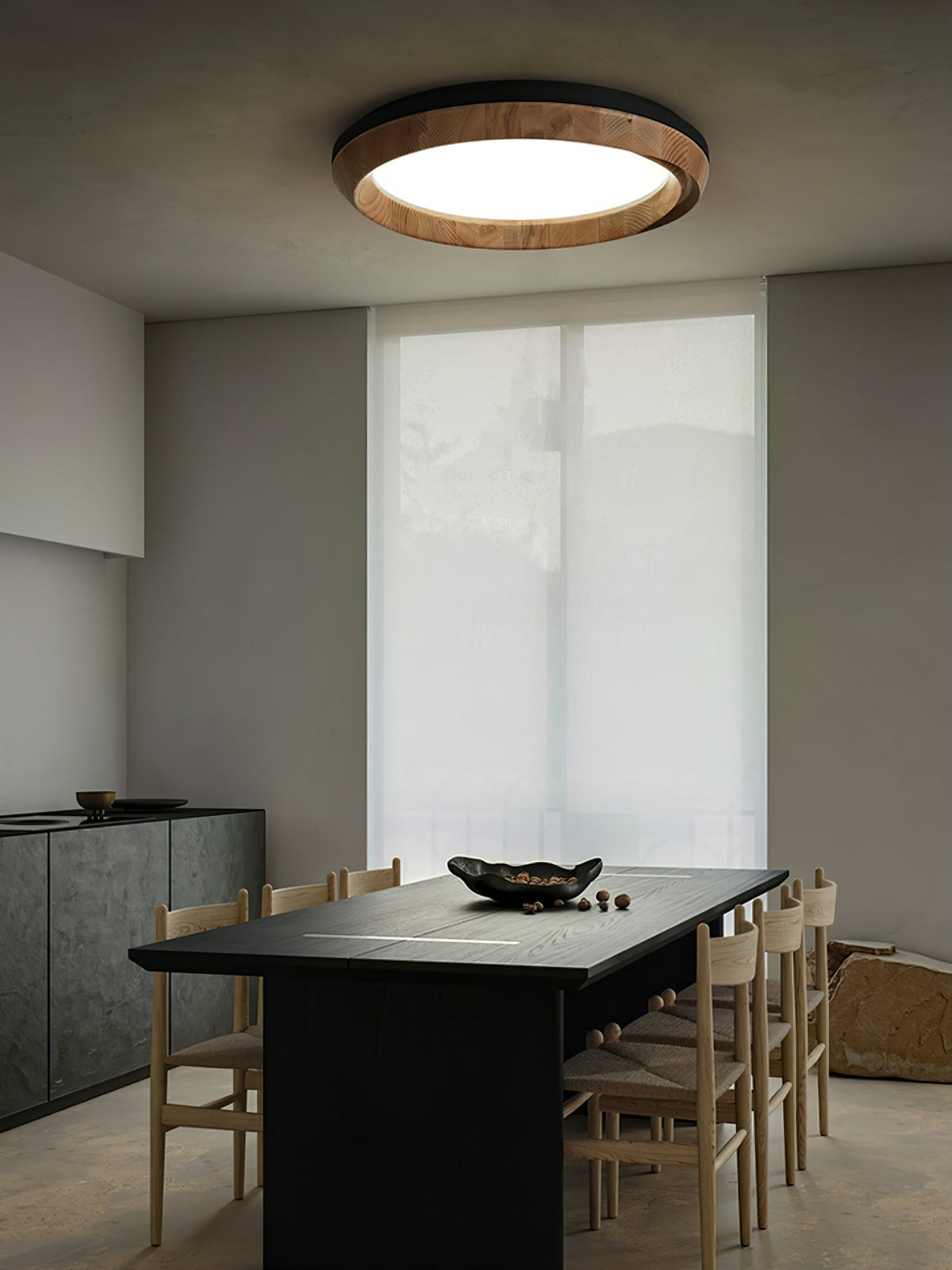Ripple Wood LED Ceiling Light / ∅ 23.6" x H 5.1" / Black & Wood color / Warm Light