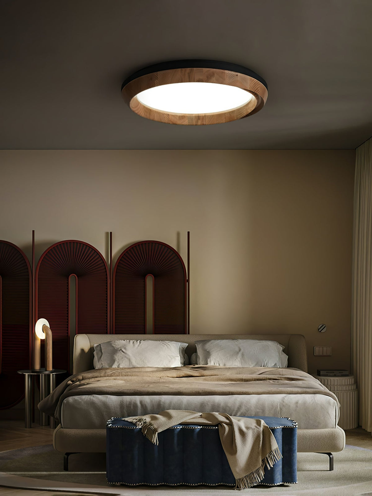Ripple Wood LED Ceiling Light / ∅ 23.6" x H 5.1" / Gold & Walnut Color / Warm Light
