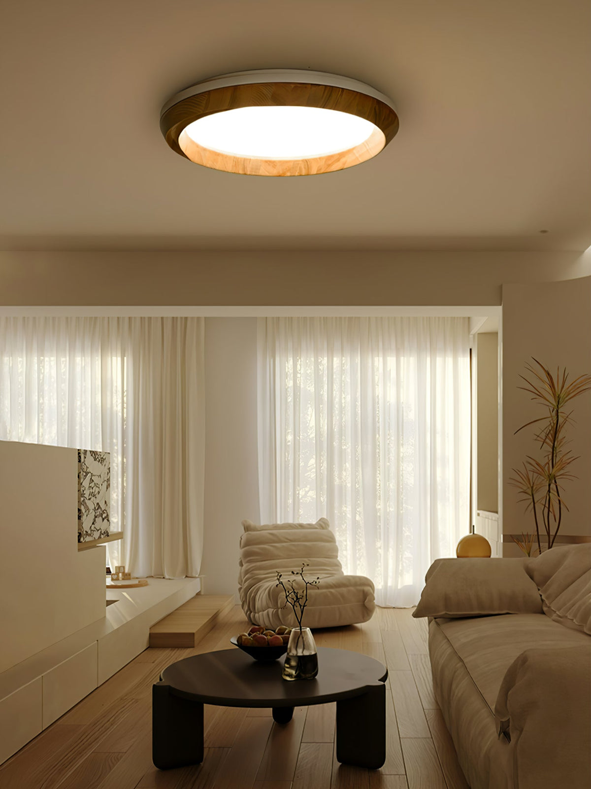 Ripple Wood LED Ceiling Light / ∅ 23.6" x H 5.1" / Black & Walnut Color / Warm Light