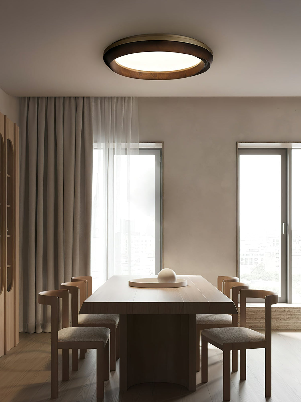 Ripple Wood LED Ceiling Light / ∅ 31.5" x H 5.1" / Gold & Walnut Color / Warm Light