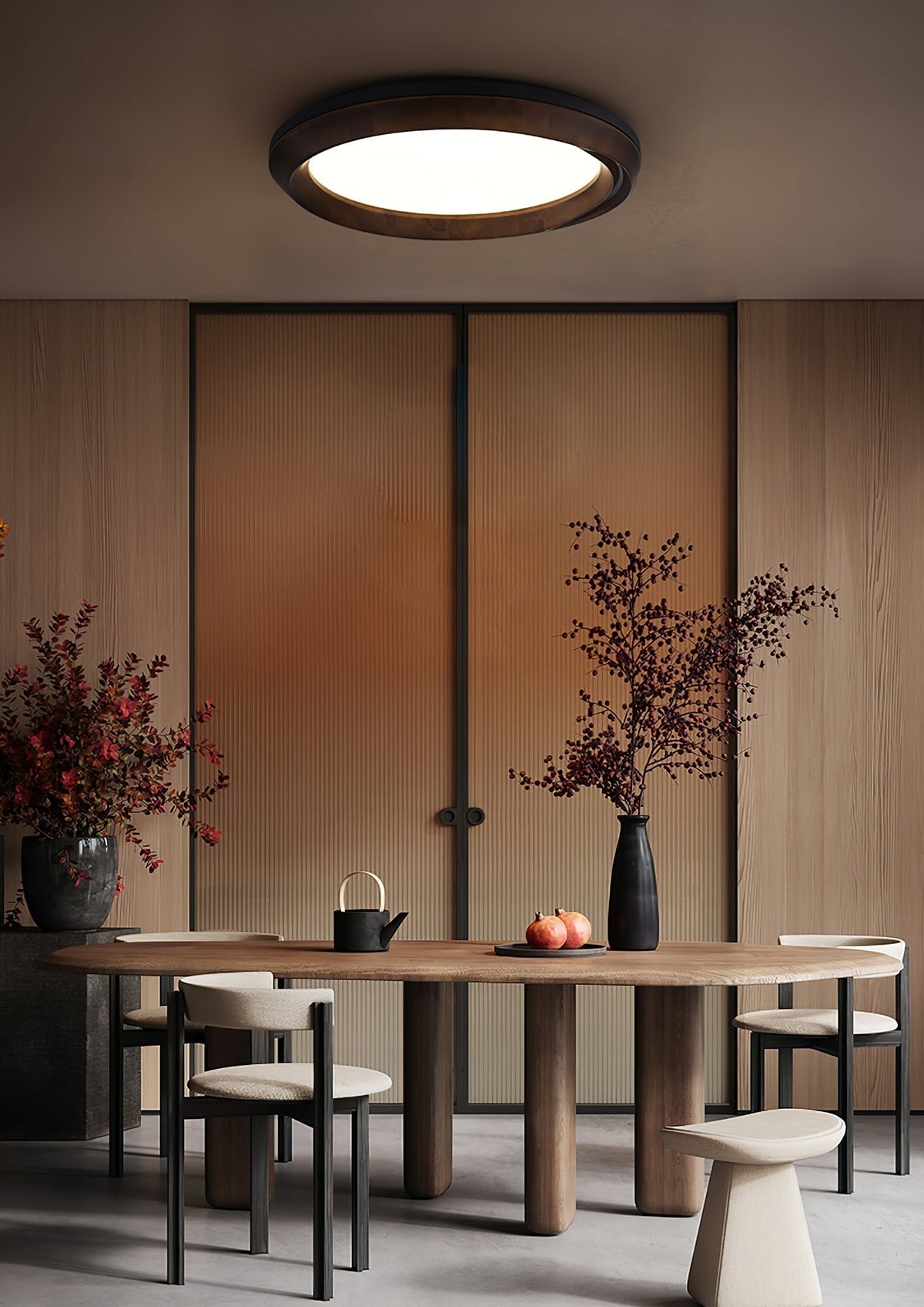 Ripple Wood LED Ceiling Light / ∅ 31.5" x H 5.1" / Black & Walnut Color / Warm Light