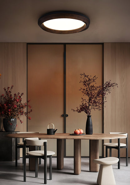 Ripple Wood LED Ceiling Light / ∅ 31.5" x H 5.1" / Black & Walnut Color / Warm Light