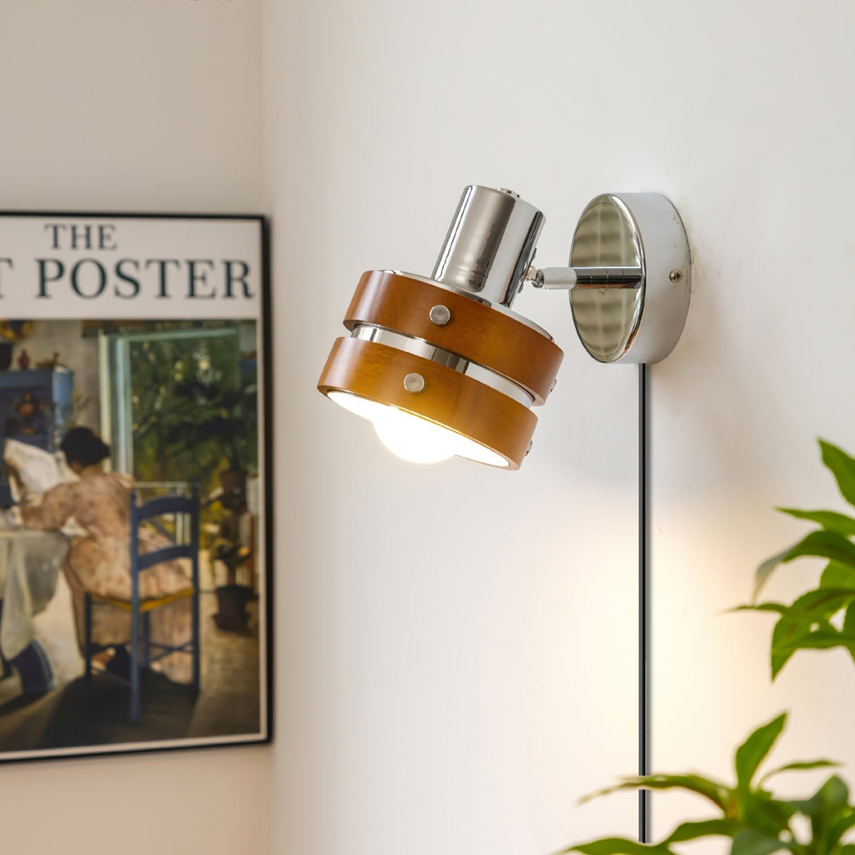 Tiltable Walnut Chrome Plug-In Wall Light / Walnut color & Chrome / 1 piece / UK Plug