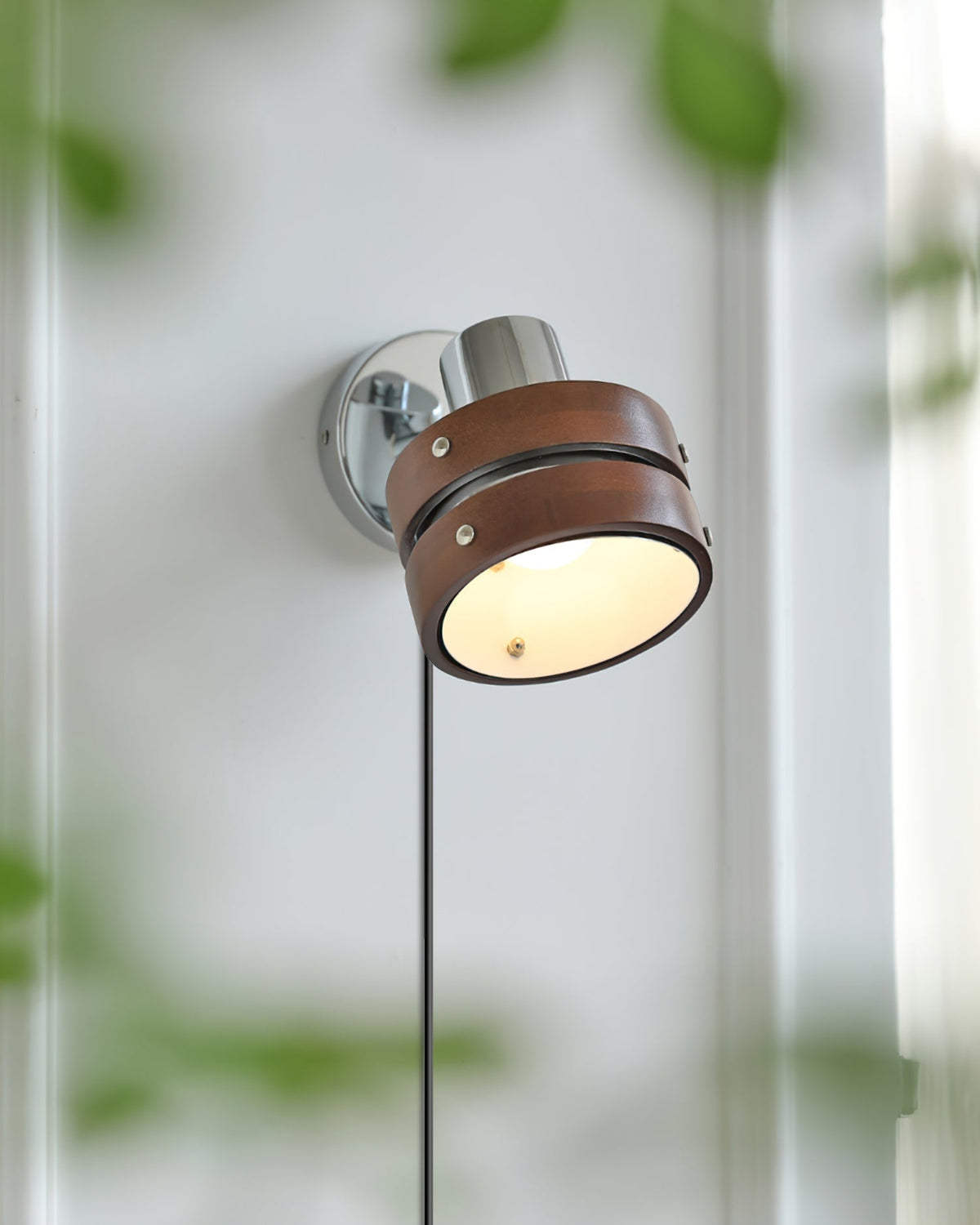 Tiltable Walnut Chrome Plug-In Wall Light / Walnut color & Chrome / 2 pieces / EU Plug