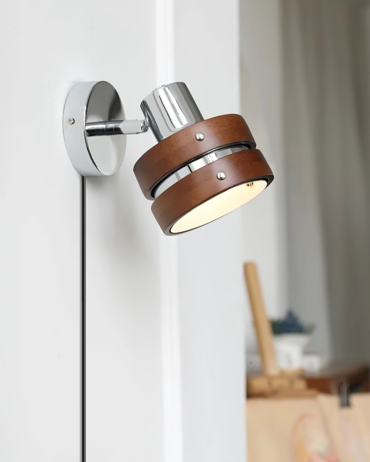 Tiltable Walnut Chrome Plug-In Wall Light