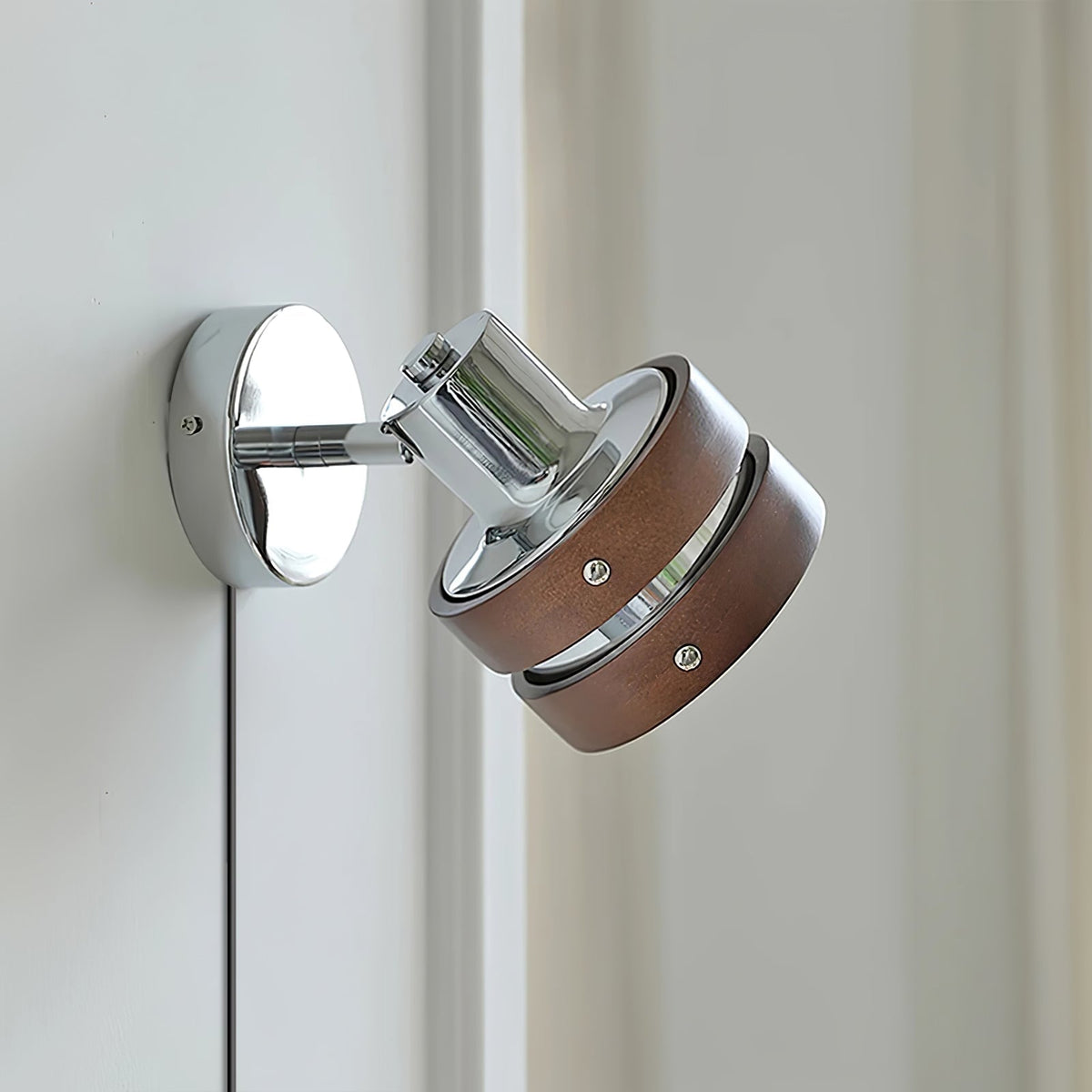Tiltable Walnut Chrome Plug-In Wall Light
