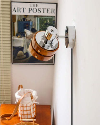 Tiltable Walnut Chrome Plug-In Wall Light