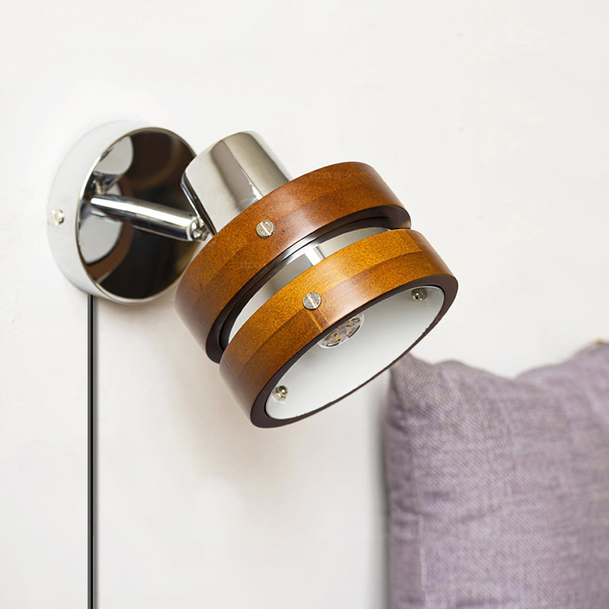 Tiltable Walnut Chrome Plug-In Wall Light