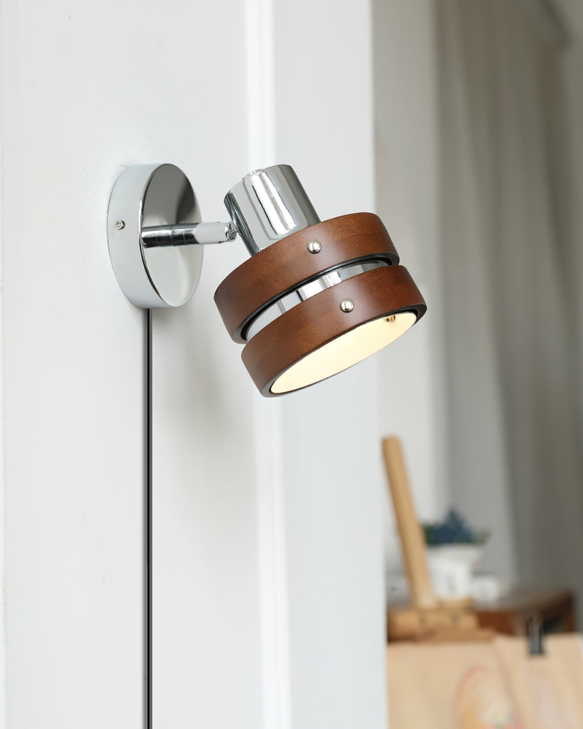 Tiltable Walnut Chrome Plug-In Wall Light