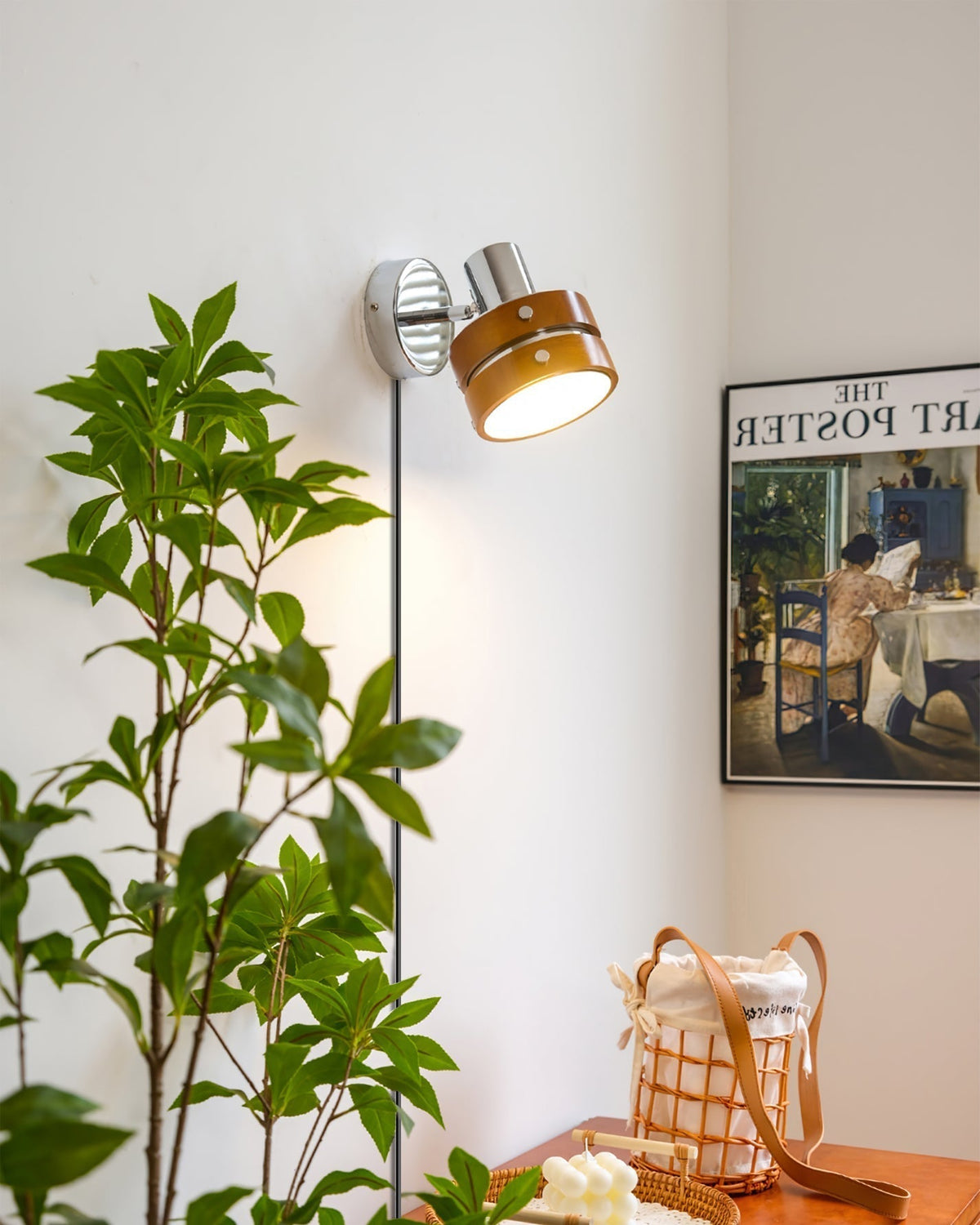 Tiltable Walnut Chrome Plug-In Wall Light