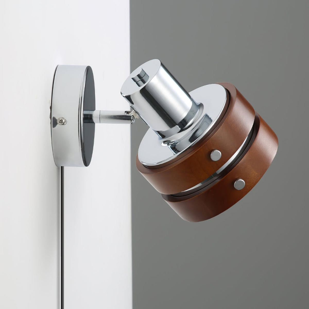 Tiltable Walnut Chrome Plug-In Wall Light